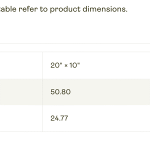Screenshot image of a size chart for the product (Imperial sizing) described (Metric).